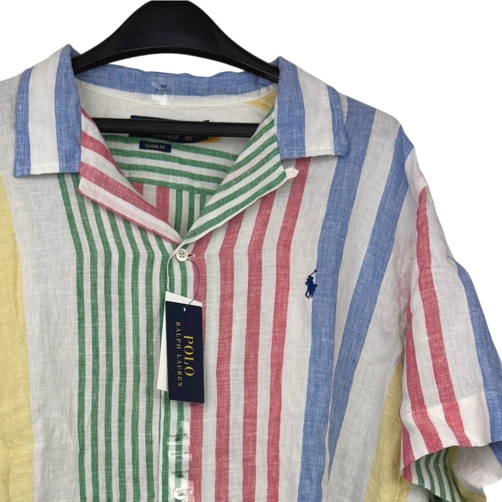 NEW Polo Ralph Lauren 100% LINEN Mens XXL Loop Collar Button Up Striped $140
